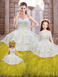 Amazing Yellow And White Sleeveless Floor Length Beading and Appliques and Ruffles Lace Up Vestidos de Quinceanera
