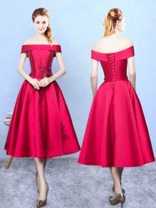 Stunning Tea Length Wine Red Quinceanera Court of Honor Dress Off The Shoulder Cap Sleeves Lace Up