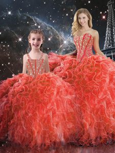 Cheap Floor Length Coral Red 15th Birthday Dress Sweetheart Sleeveless Lace Up