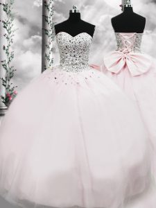 Pink Sleeveless Beading and Bowknot Lace Up Quinceanera Dress