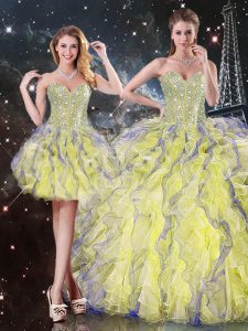 Fine Sweetheart Sleeveless 15th Birthday Dress Floor Length Beading and Ruffles Yellow Organza