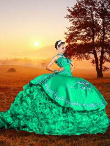 Sleeveless Organza Brush Train Lace Up Quinceanera Gown in Turquoise with Embroidery and Ruffles
