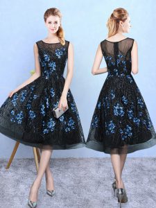 Fashionable Blue And Black A-line Appliques Quinceanera Dama Dress Zipper Tulle Sleeveless Knee Length