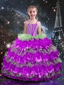 Sleeveless Floor Length Beading and Ruffled Layers Lace Up Kids Formal Wear with Multi-color