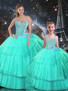 Turquoise Organza Lace Up Sweet 16 Dresses Sleeveless Floor Length Ruffled Layers