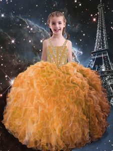 Customized Beading and Ruffles Little Girl Pageant Dress Orange Red Lace Up Sleeveless Floor Length