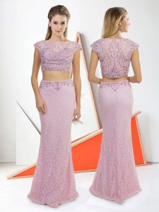 Pink Two Pieces Lace Dress for Prom Side Zipper Lace Cap Sleeves Floor Length