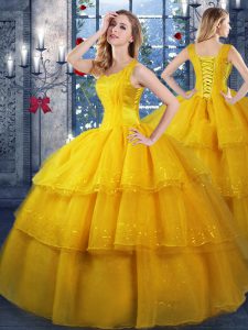 Floor Length Gold Quinceanera Gown Straps Sleeveless Lace Up