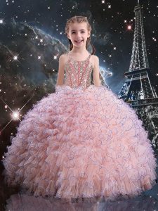 Pink Straps Lace Up Beading and Ruffles Little Girls Pageant Gowns Short Sleeves