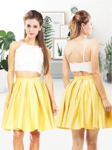 Cute Yellow And White Prom Evening Gown Prom and Party with Lace and Ruching Spaghetti Straps Sleeveless Zipper
