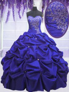 Sweet Navy Blue Taffeta Lace Up Sweetheart Sleeveless Floor Length Quinceanera Dress Beading and Pick Ups