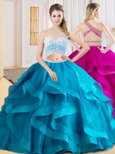 Dazzling Baby Blue One Shoulder Neckline Beading and Ruffles Quince Ball Gowns Sleeveless Criss Cross
