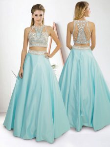 Light Blue Satin Side Zipper High-neck Sleeveless Floor Length Prom Dresses Beading