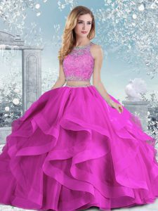 Romantic Sleeveless Floor Length Beading and Ruffles Clasp Handle Sweet 16 Quinceanera Dress with Fuchsia