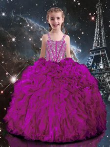 Enchanting Fuchsia Short Sleeves Floor Length Beading and Ruffles Lace Up Child Pageant Dress