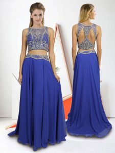 Beading Prom Gown Royal Blue Side Zipper Sleeveless With Train Sweep Train