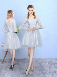 Beautiful Silver Half Sleeves Lace With Train Damas Dress