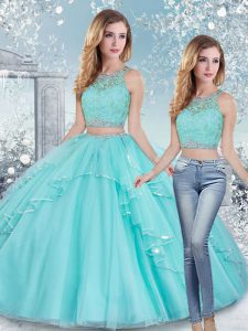 Aqua Blue Clasp Handle Scoop Beading and Lace and Sashes ribbons 15 Quinceanera Dress Tulle Sleeveless