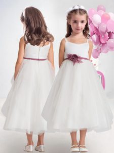 Captivating Tulle Sleeveless Tea Length Flower Girl Dresses for Less and Hand Made Flower