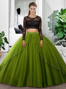 Scoop Long Sleeves 15 Quinceanera Dress Floor Length Lace and Ruching Olive Green Tulle