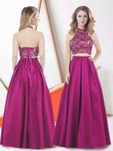 Charming Fuchsia Halter Top Lace Up Lace Prom Dress Sleeveless