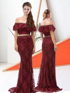 Burgundy Off The Shoulder Neckline Lace Prom Evening Gown Sleeveless Zipper