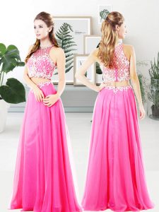 Pretty Two Pieces Prom Party Dress Hot Pink Scoop Chiffon Sleeveless Floor Length Zipper