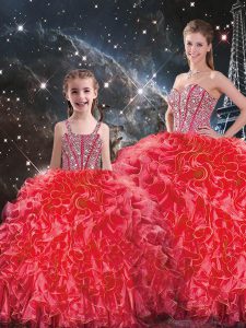 Unique Floor Length Ball Gowns Sleeveless Coral Red Quinceanera Gowns Lace Up