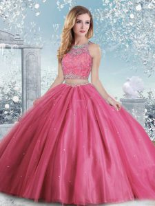 Hot Pink Tulle Clasp Handle Scoop Sleeveless Floor Length Quinceanera Gowns Beading and Sequins