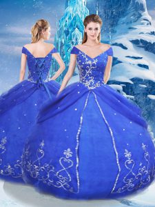 Blue Lace Up Quinceanera Gowns Appliques Short Sleeves Floor Length