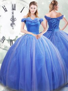 Off The Shoulder Sleeveless Quince Ball Gowns Brush Train Pick Ups Light Blue Tulle