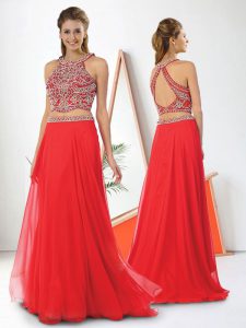 Red Two Pieces Chiffon Scoop Sleeveless Beading Backless Prom Party Dress Brush Train