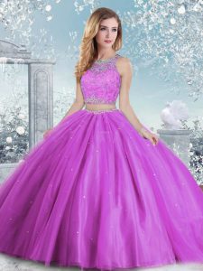 Designer Scoop Sleeveless Sweet 16 Dress Floor Length Beading and Sequins Lilac Tulle