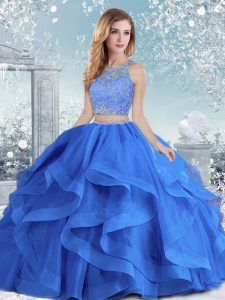 Customized Royal Blue Long Sleeves Beading and Ruffles Floor Length Vestidos de Quinceanera