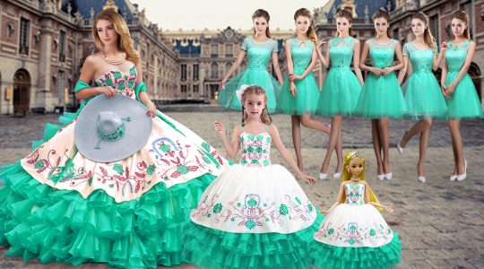 Floor Length Turquoise Ball Gown Prom Dress Organza Sleeveless Embroidery and Ruffled Layers