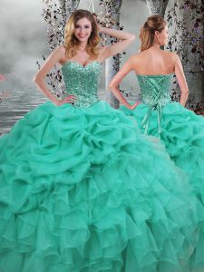 Turquoise Ball Gown Prom Dress Military Ball and Sweet 16 and Quinceanera with Beading and Ruffles Sweetheart Sleeveless Lace Up