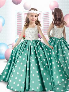 Sweet Turquoise Square Neckline Beading and Pattern Toddler Flower Girl Dress Sleeveless Lace Up