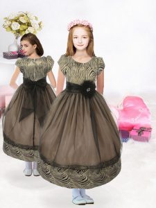 Best Scoop Short Sleeves Zipper Flower Girl Dress Black Organza