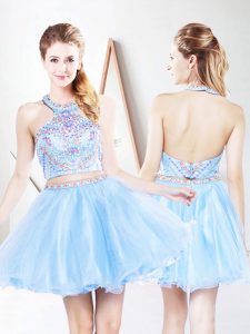 Decent Light Blue Organza Backless Homecoming Dress Sleeveless Mini Length Beading and Ruffled Layers
