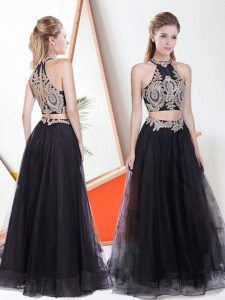 Floor Length Two Pieces Sleeveless Black Prom Dresses Clasp Handle