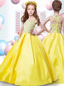 Cute Floor Length Zipper Flower Girl Dresses Yellow for Quinceanera and Wedding Party with Beading