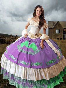 Vintage Off The Shoulder Sleeveless Taffeta Quinceanera Dresses Embroidery and Ruffled Layers Brush Train Lace Up
