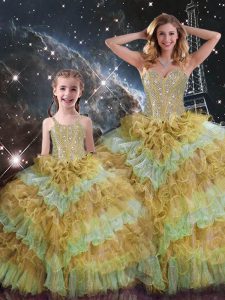 Fabulous Sleeveless Floor Length Beading and Ruffled Layers and Sequins Lace Up Quinceanera Dress with Multi-color