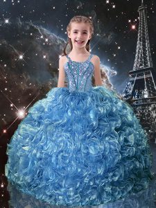 Low Price Baby Blue Lace Up Pageant Gowns For Girls Beading and Ruffles Sleeveless Floor Length