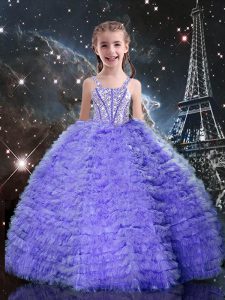 Trendy Lavender Straps Lace Up Beading and Ruffled Layers Child Pageant Dress Short Sleeves