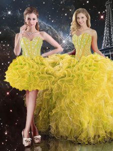 Deluxe Sleeveless Organza Floor Length Lace Up Sweet 16 Dresses in Yellow with Beading and Ruffles