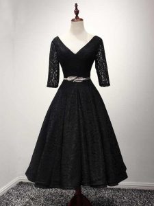 Wonderful Half Sleeves Ankle Length Lace and Belt Lace Up Prom Dress with Black