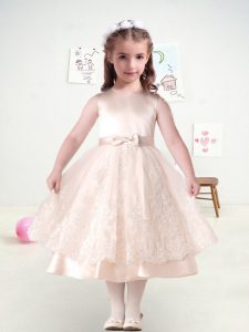 Eye-catching Champagne Sleeveless Tea Length Lace and Bowknot and Belt Zipper Flower Girl Dresses for Less