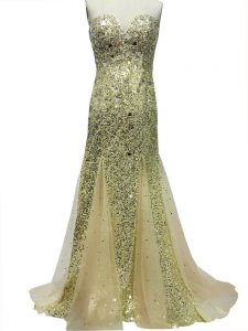 Olive Green Sleeveless Brush Train Sequins Juniors Evening Dress