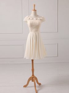 Champagne Scoop Lace Up Lace and Appliques Bridesmaid Gown Cap Sleeves